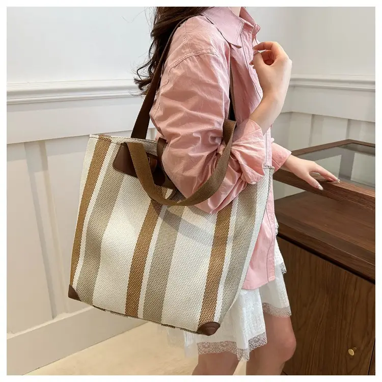 Women Striped Cotton Tote Bag Brown Beige Blue — feature 9