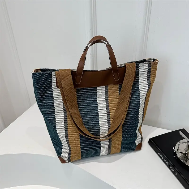 Women Striped Cotton Tote Bag Brown Beige Blue - Image 2