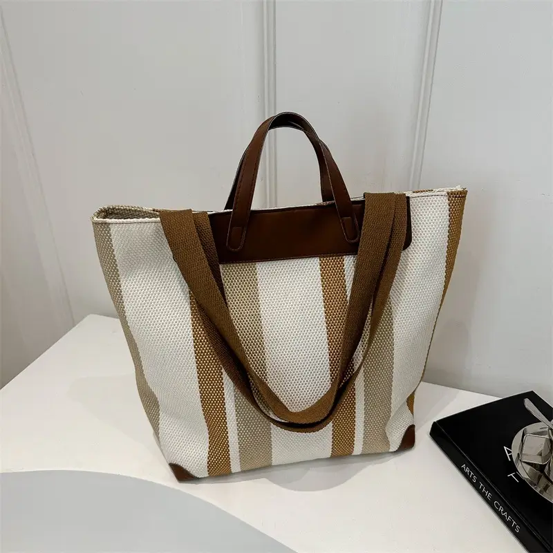 Women Striped Cotton Tote Bag Brown Beige Blue - Image 3