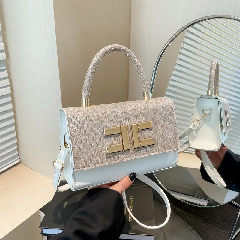Women's Light Grey Square Shoulder Bag with Gold Clasp - Image 6