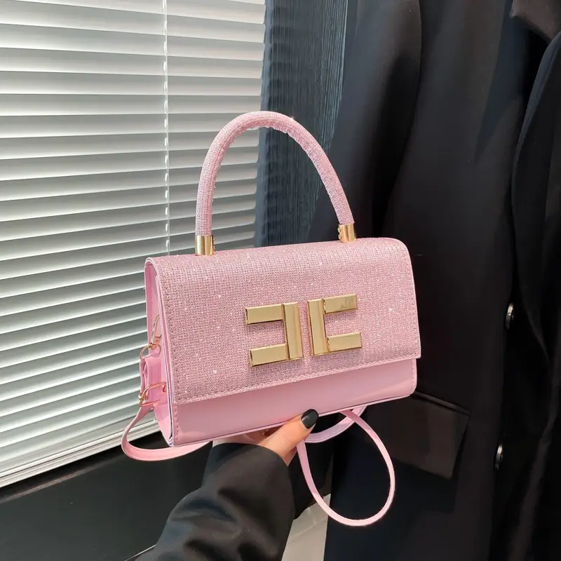 Women's Light Grey Square Shoulder Bag with Gold Clasp - Image 8