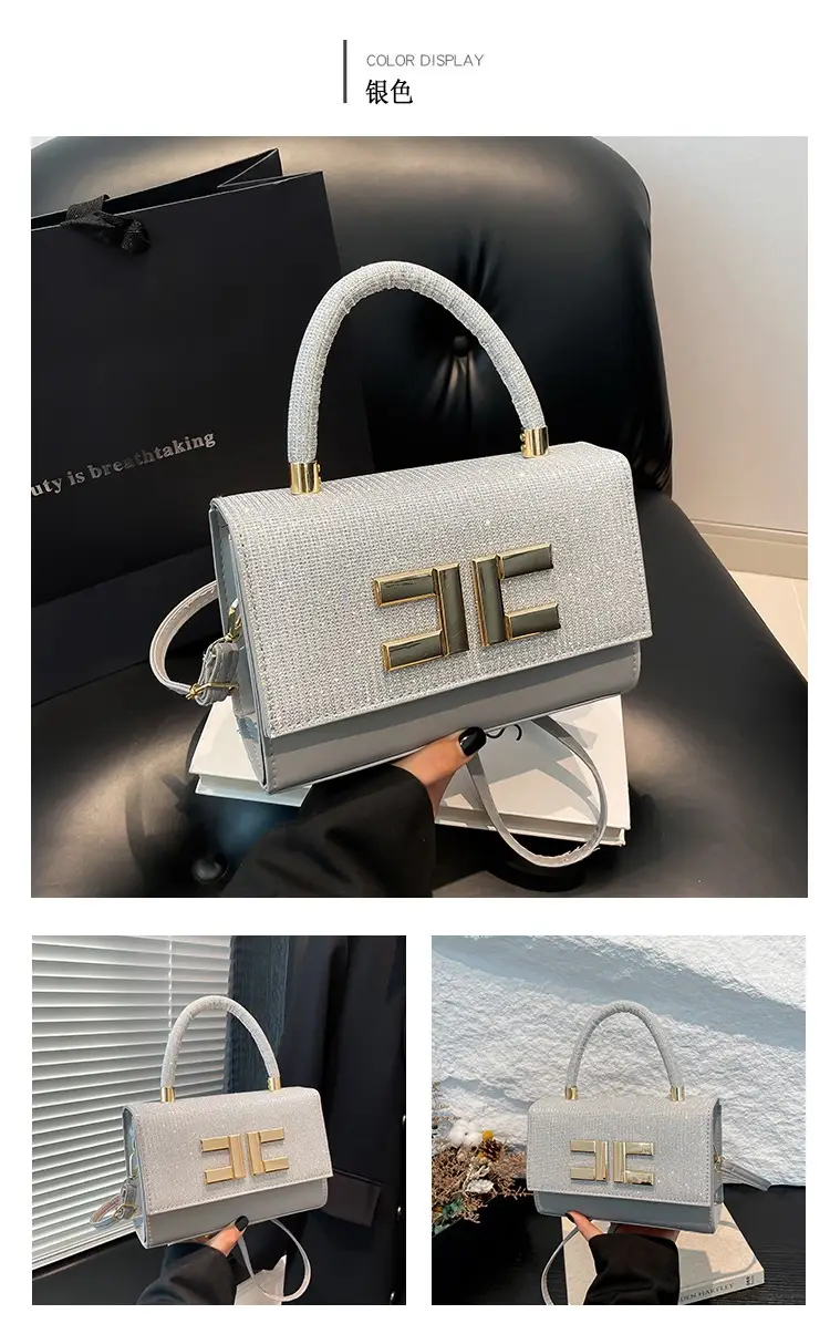 Women's Light Grey Square Shoulder Bag with Gold Clasp — feature 13