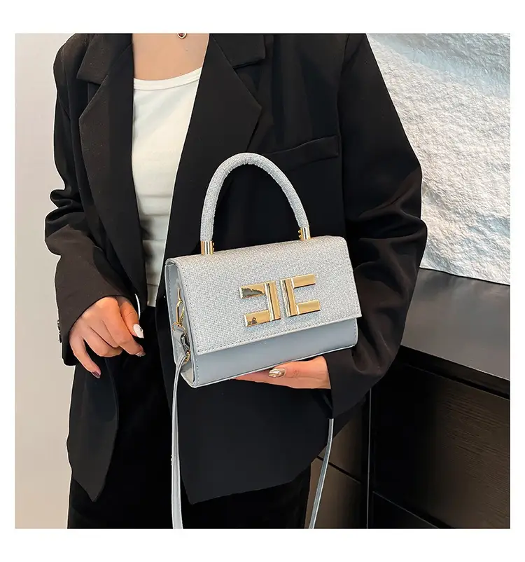 Women's Light Grey Square Shoulder Bag with Gold Clasp — feature 16