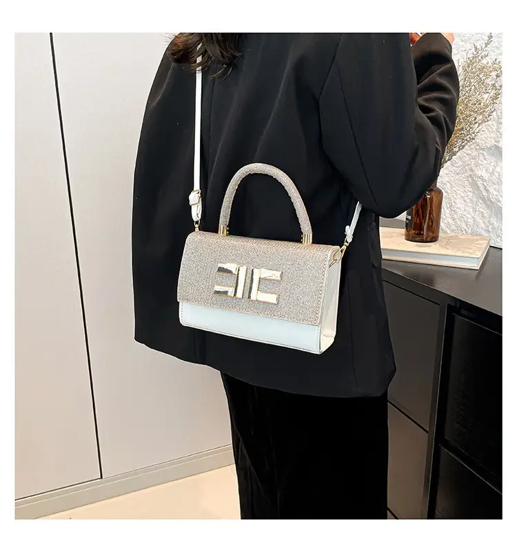 Women's Light Grey Square Shoulder Bag with Gold Clasp — feature 18