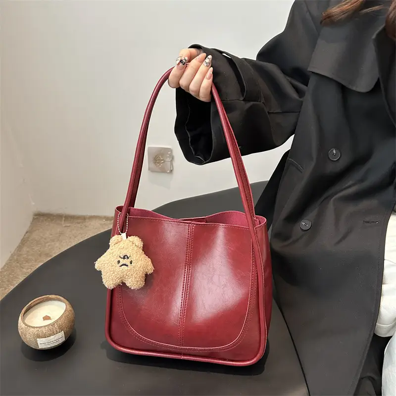 Vintage Maroon Spliced Bucket Bag for Women - Image 9