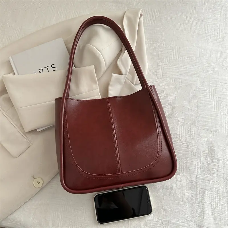 Vintage Maroon Spliced Bucket Bag for Women - Image 10