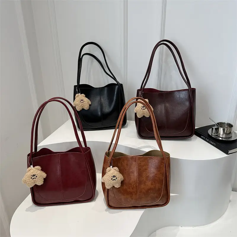 Vintage Maroon Spliced Bucket Bag for Women - Image 12