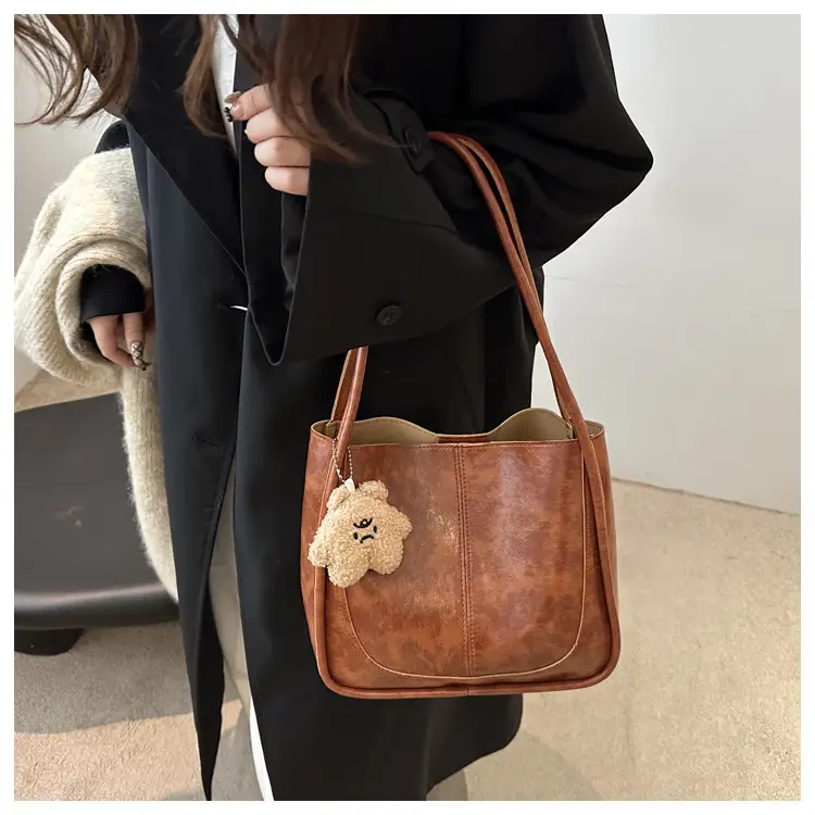 Vintage Maroon Spliced Bucket Bag for Women — feature 10