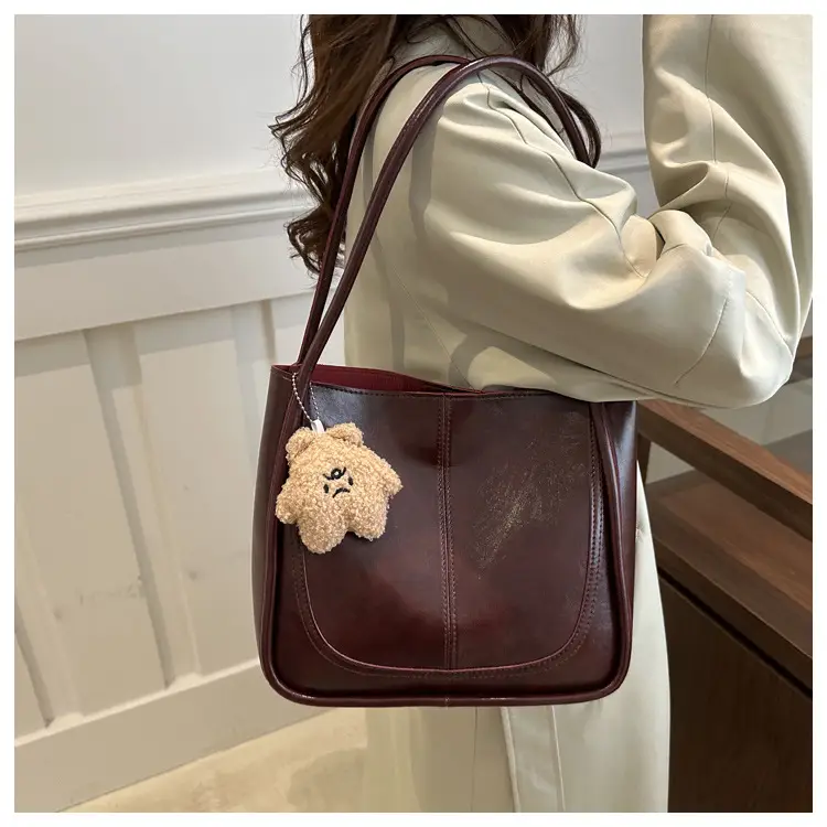 Vintage Maroon Spliced Bucket Bag for Women — feature 13