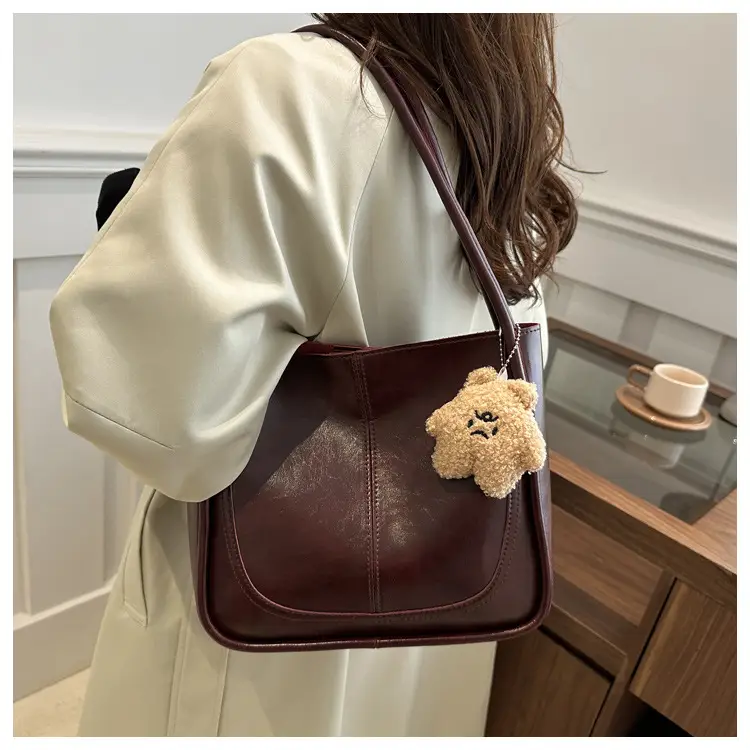 Vintage Maroon Spliced Bucket Bag for Women — feature 14