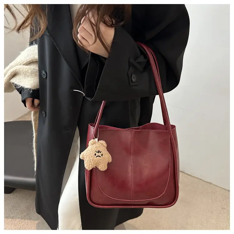 Vintage Maroon Spliced Bucket Bag for Women — feature 7