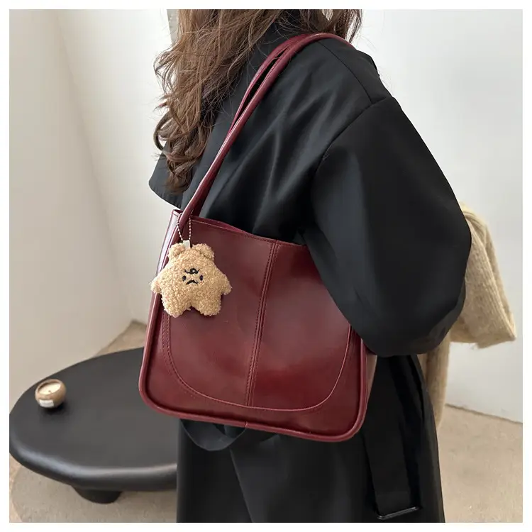 Vintage Maroon Spliced Bucket Bag for Women — feature 8
