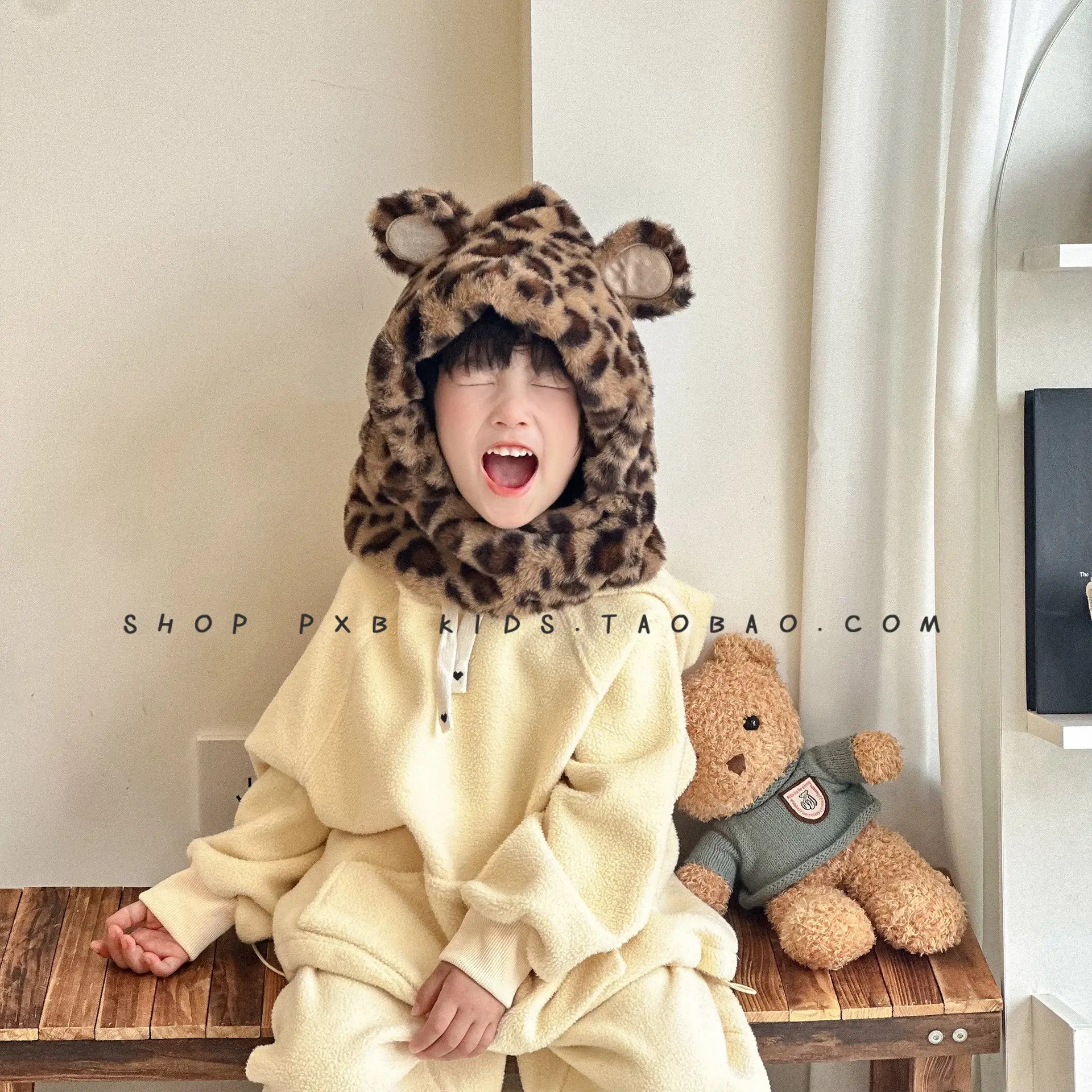 Leopard Print Winter Cap for Boys Girls Warm Plush