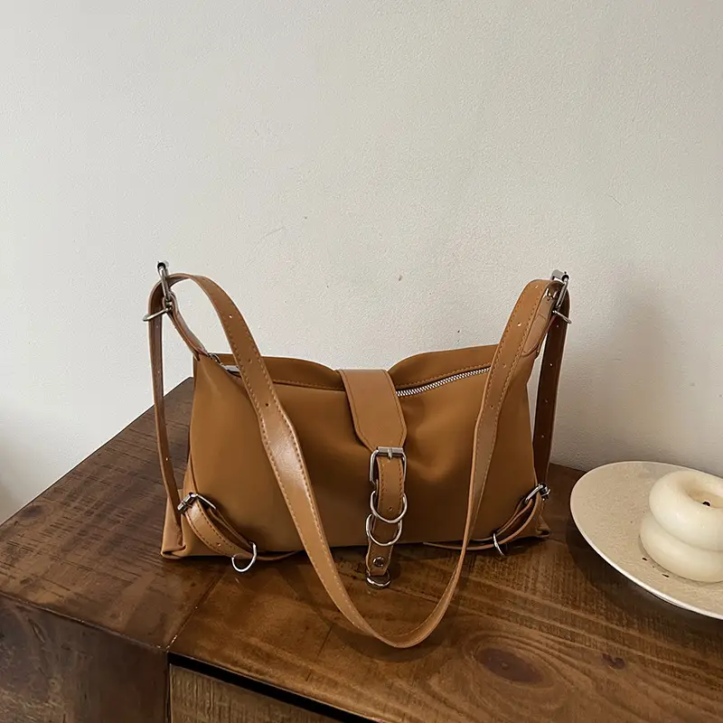 Women's Brown Leather Shoulder Bag with Buckle Detail - Image 4