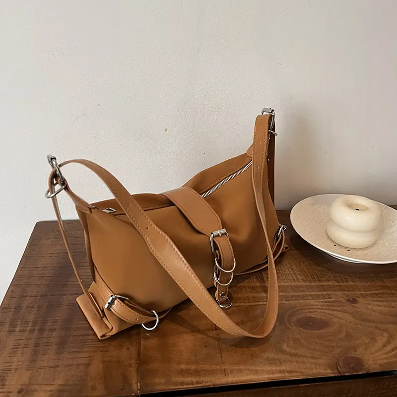 Women's Brown Leather Shoulder Bag with Buckle Detail - Image 7