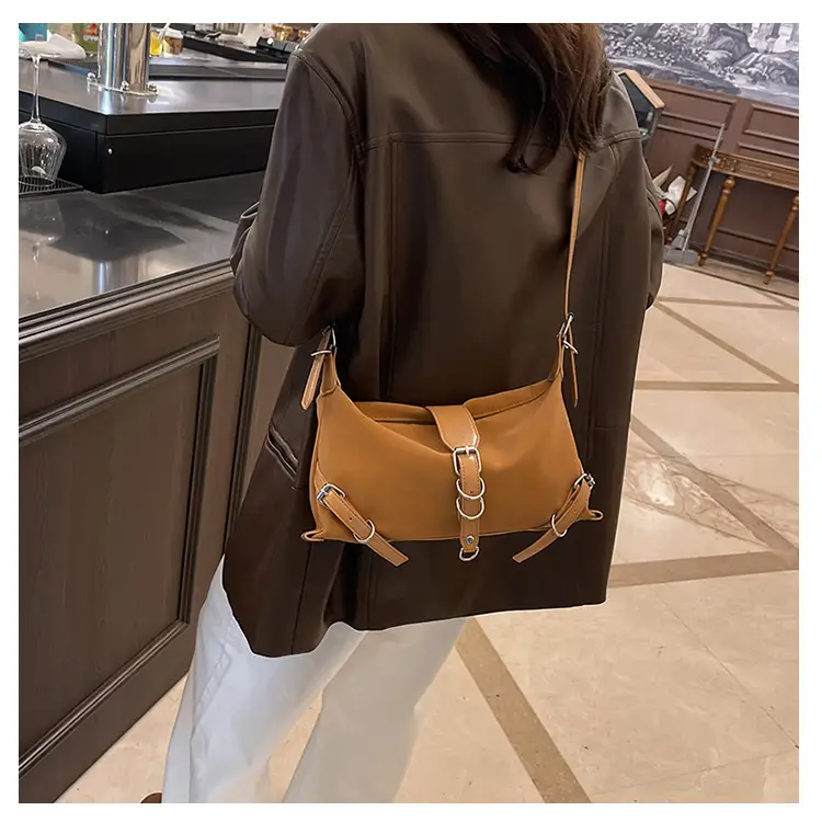 Women's Brown Leather Shoulder Bag with Buckle Detail — feature 15