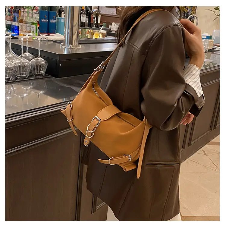 Women's Brown Leather Shoulder Bag with Buckle Detail — feature 16