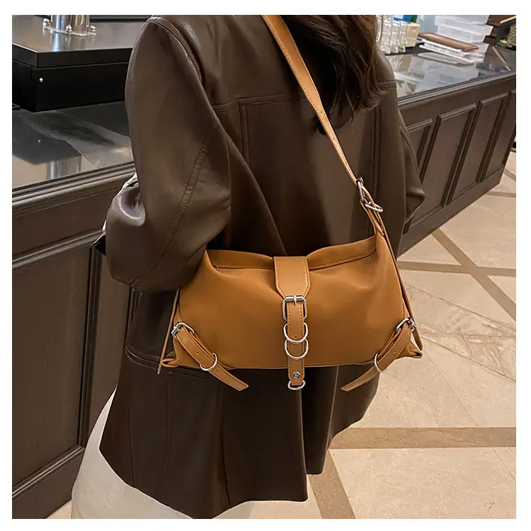 Women's Brown Leather Shoulder Bag with Buckle Detail — feature 17