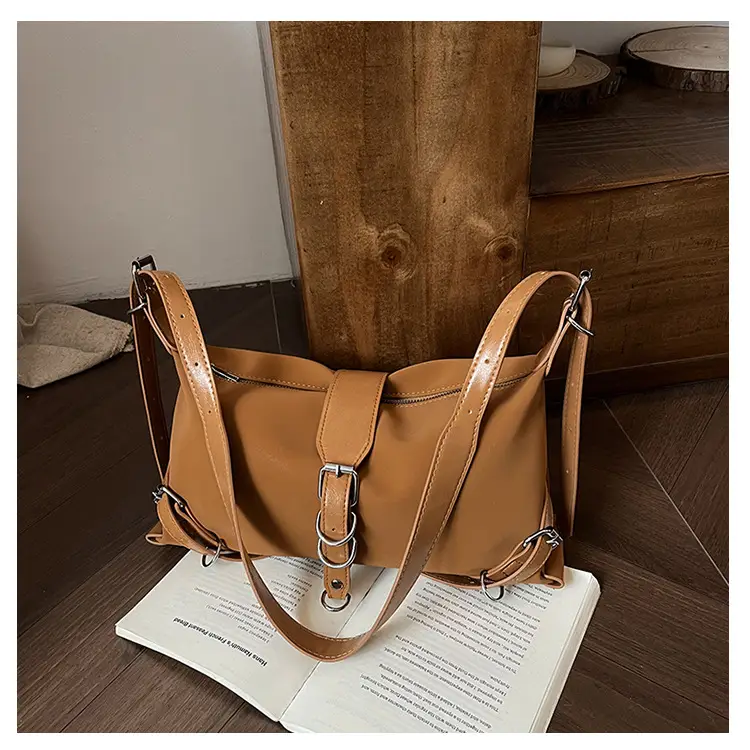 Women's Brown Leather Shoulder Bag with Buckle Detail — feature 18