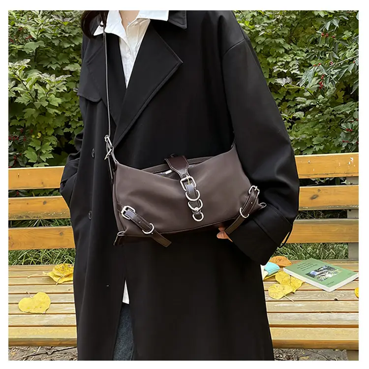 Women's Brown Leather Shoulder Bag with Buckle Detail — feature 6