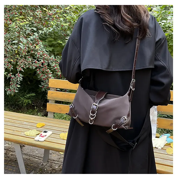 Women's Brown Leather Shoulder Bag with Buckle Detail — feature 7