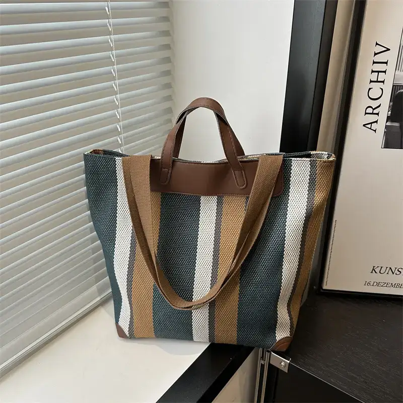 Women's Striped Canvas Commuter Tote Bag Brown Beige - Image 4