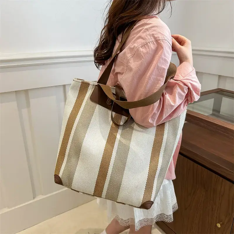 Women's Striped Canvas Commuter Tote Bag Brown Beige - Image 5