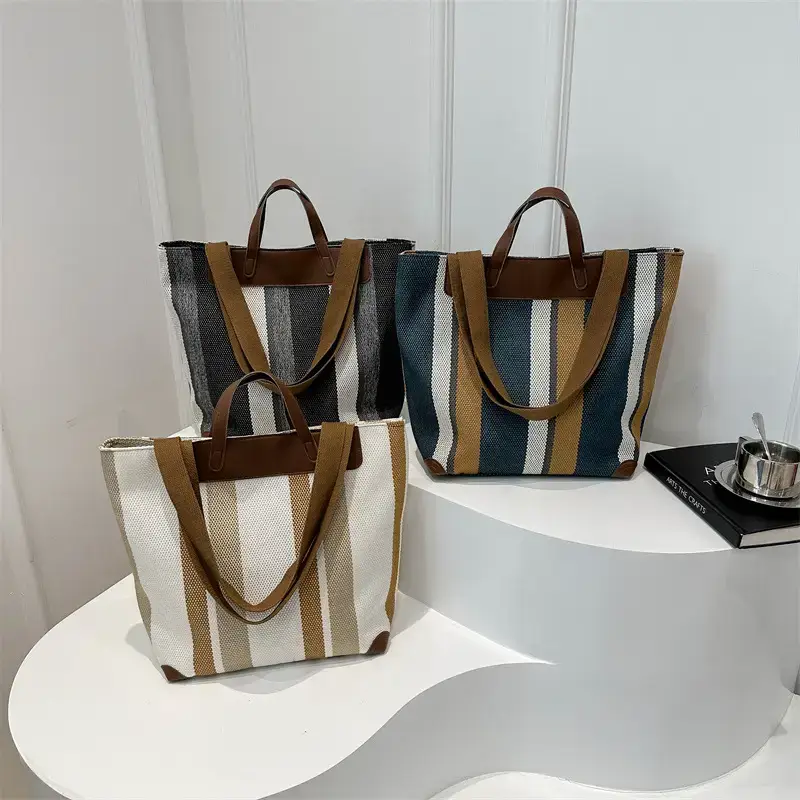 Women's Striped Canvas Commuter Tote Bag Brown Beige - Image 7