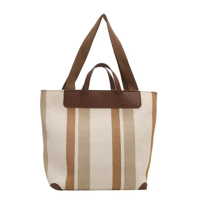 Women's Striped Canvas Commuter Tote Bag Brown Beige - Image 8