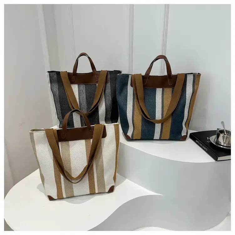 Women's Striped Canvas Commuter Tote Bag Brown Beige — feature 10