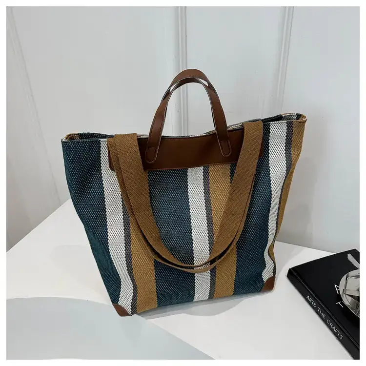 Women's Striped Canvas Commuter Tote Bag Brown Beige — feature 12