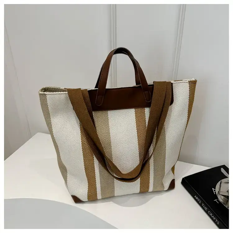Women's Striped Canvas Commuter Tote Bag Brown Beige — feature 13