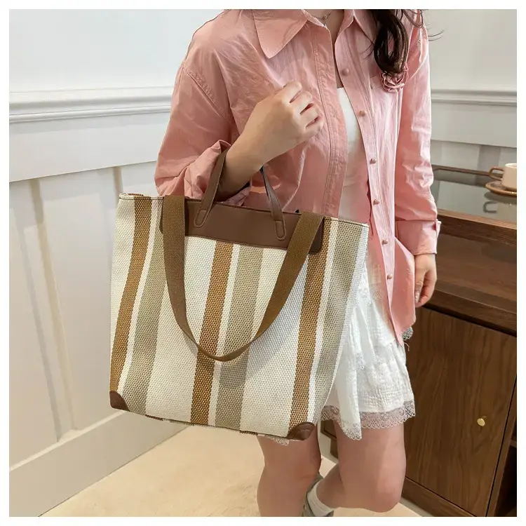 Women's Striped Canvas Commuter Tote Bag Brown Beige — feature 14