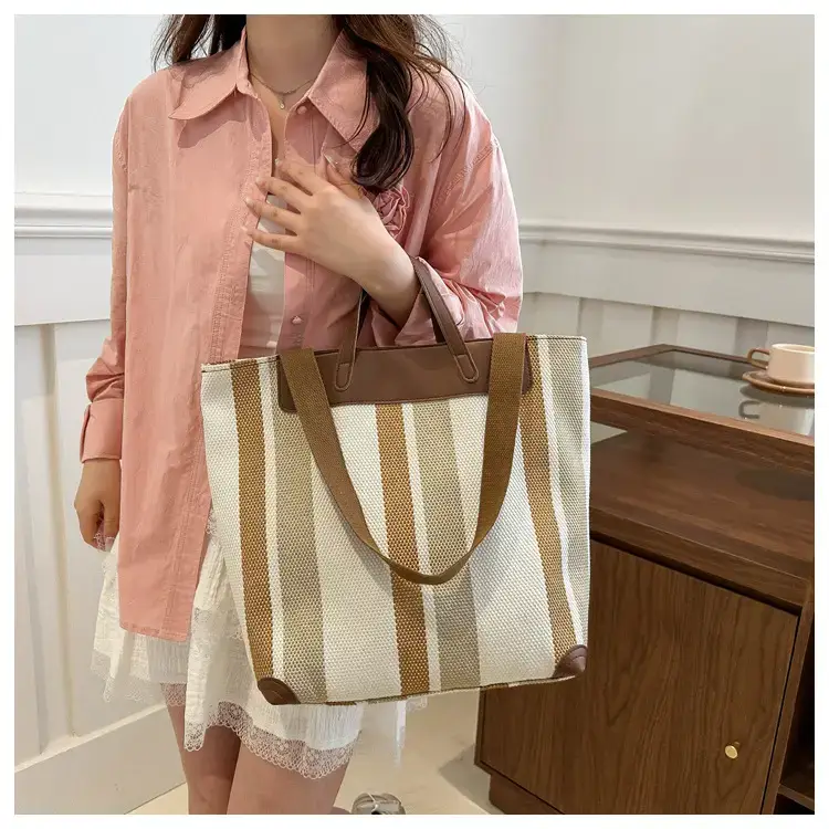 Women's Striped Canvas Commuter Tote Bag Brown Beige — feature 15