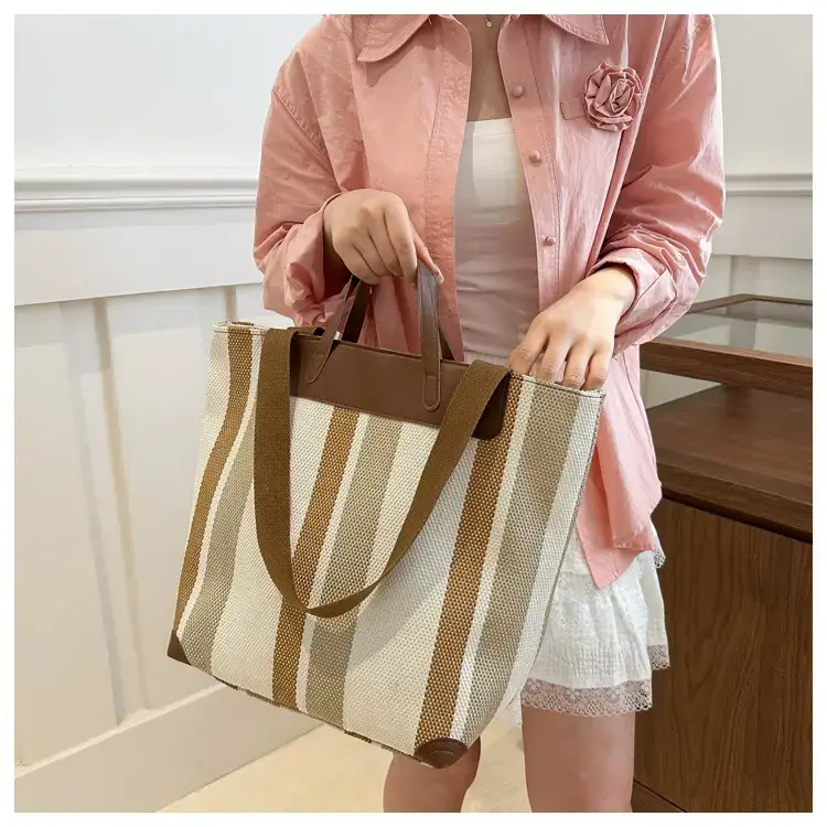 Women's Striped Canvas Commuter Tote Bag Brown Beige — feature 16
