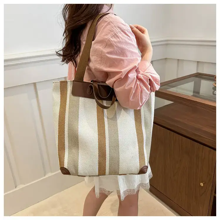Women's Striped Canvas Commuter Tote Bag Brown Beige — feature 17