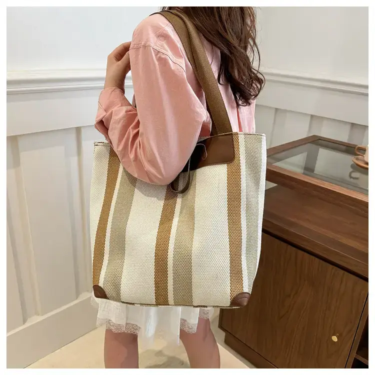 Women's Striped Canvas Commuter Tote Bag Brown Beige — feature 19
