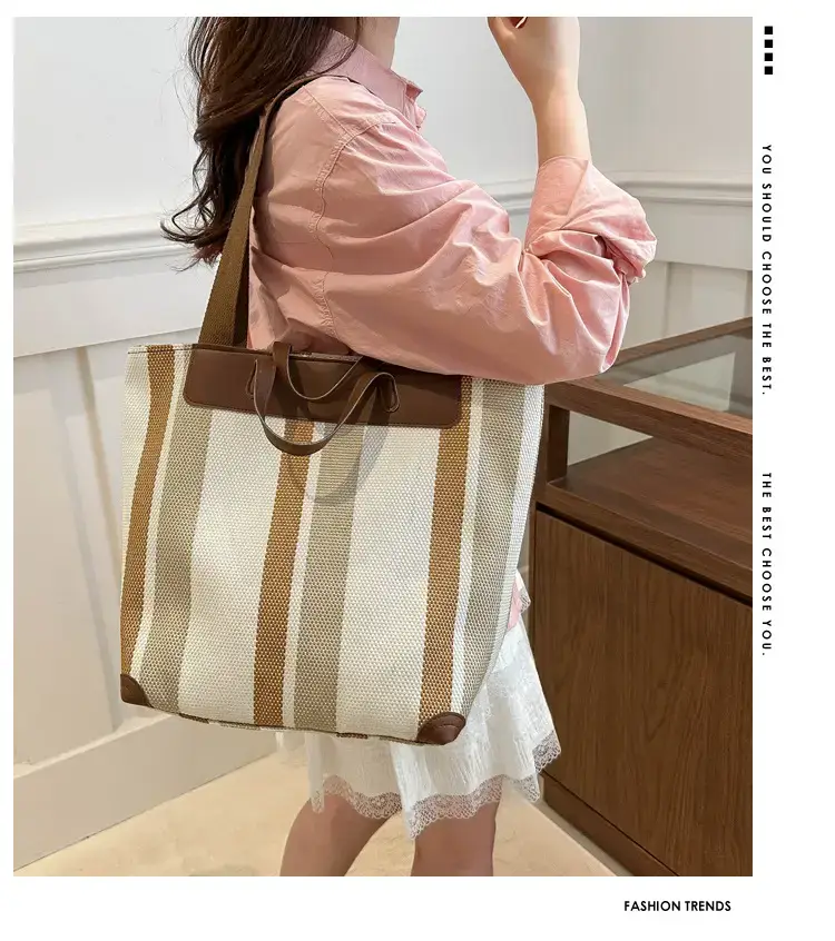 Women's Striped Canvas Commuter Tote Bag Brown Beige — feature 2