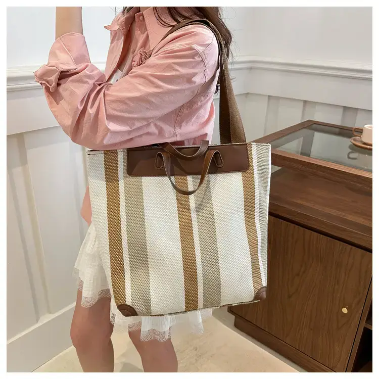 Women's Striped Canvas Commuter Tote Bag Brown Beige — feature 20