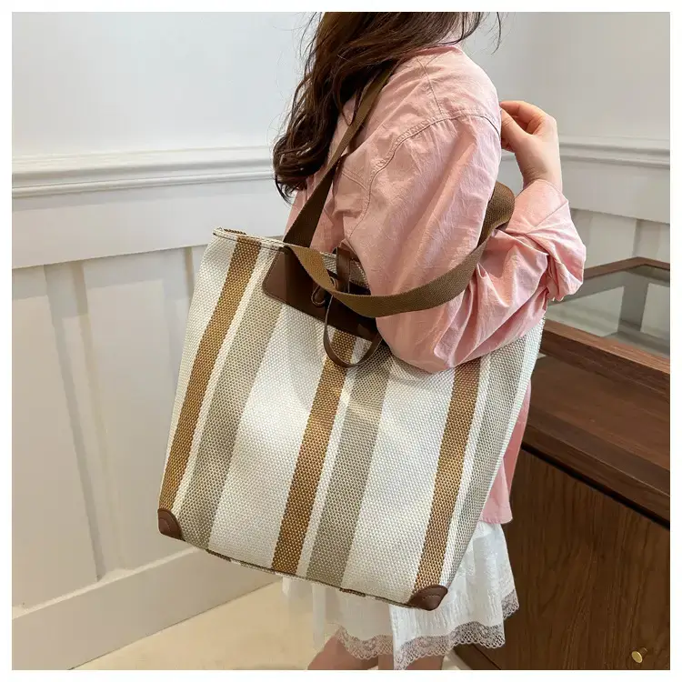 Women's Striped Canvas Commuter Tote Bag Brown Beige — feature 21