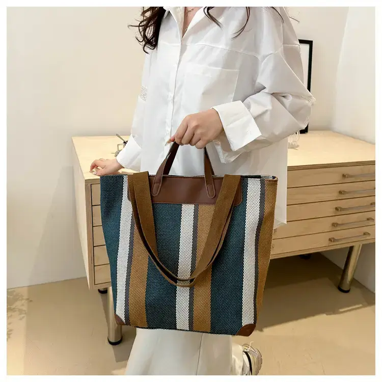 Women's Striped Canvas Commuter Tote Bag Brown Beige — feature 22