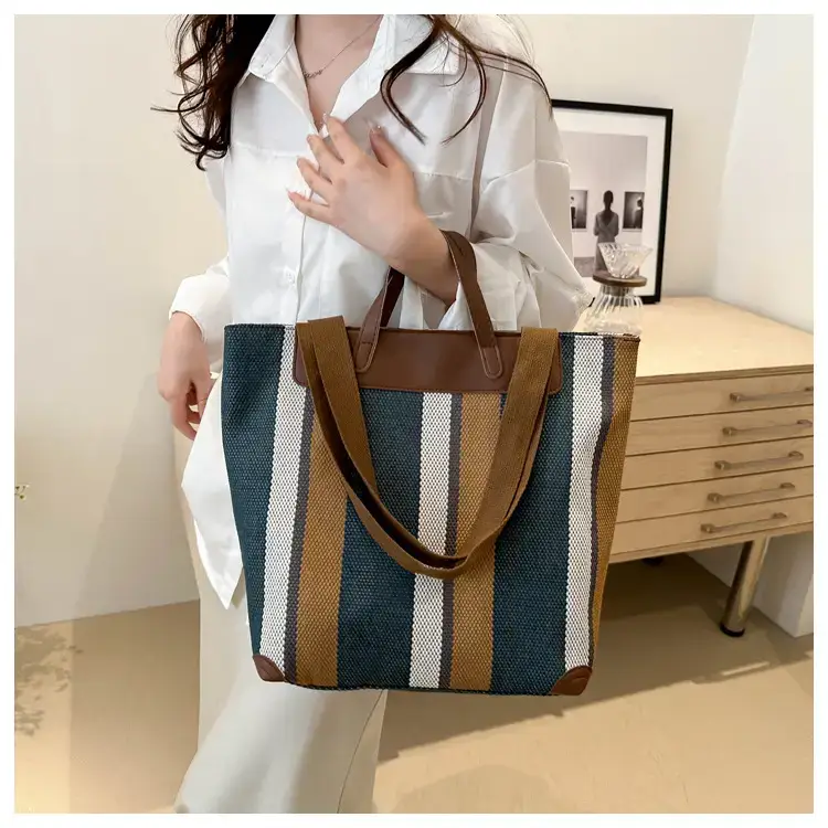 Women's Striped Canvas Commuter Tote Bag Brown Beige — feature 23