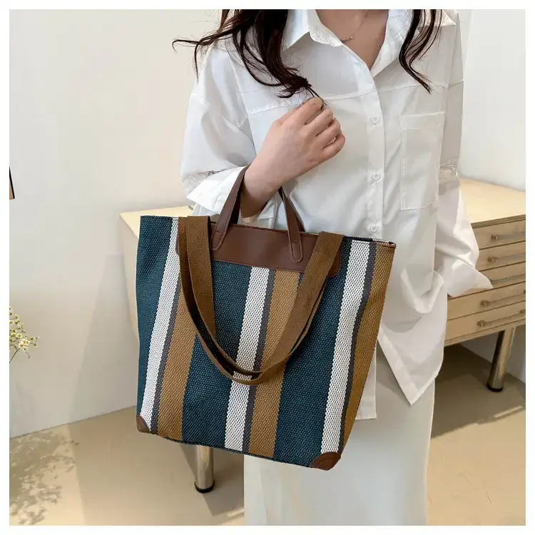 Women's Striped Canvas Commuter Tote Bag Brown Beige — feature 24