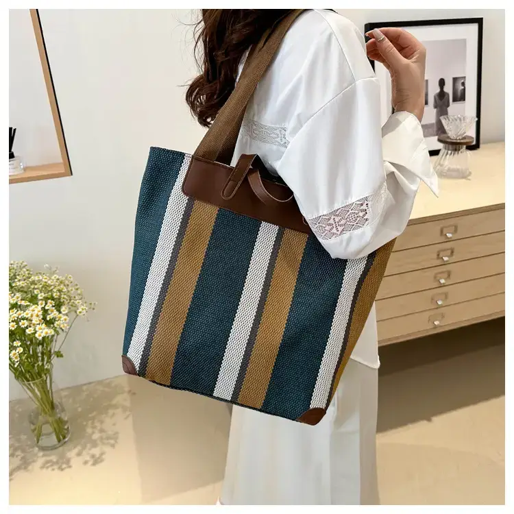 Women's Striped Canvas Commuter Tote Bag Brown Beige — feature 25