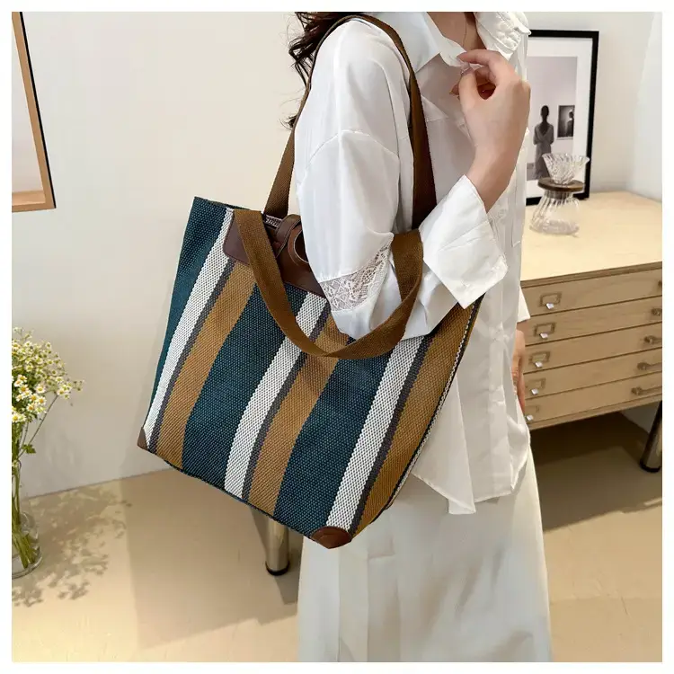 Women's Striped Canvas Commuter Tote Bag Brown Beige — feature 26