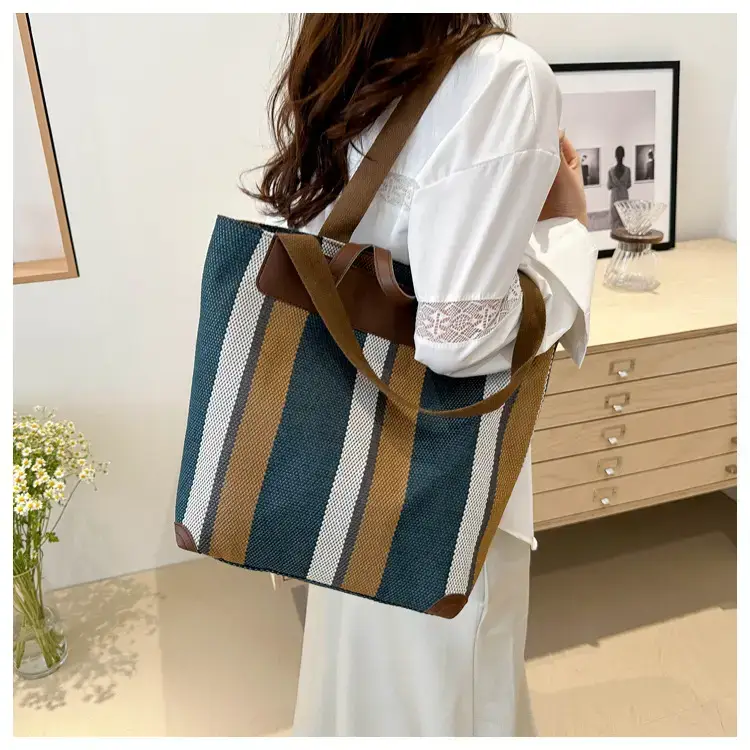 Women's Striped Canvas Commuter Tote Bag Brown Beige — feature 27