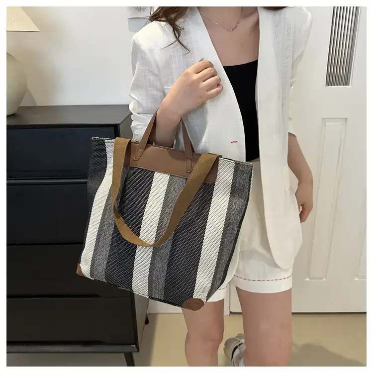 Women's Striped Canvas Commuter Tote Bag Brown Beige — feature 28