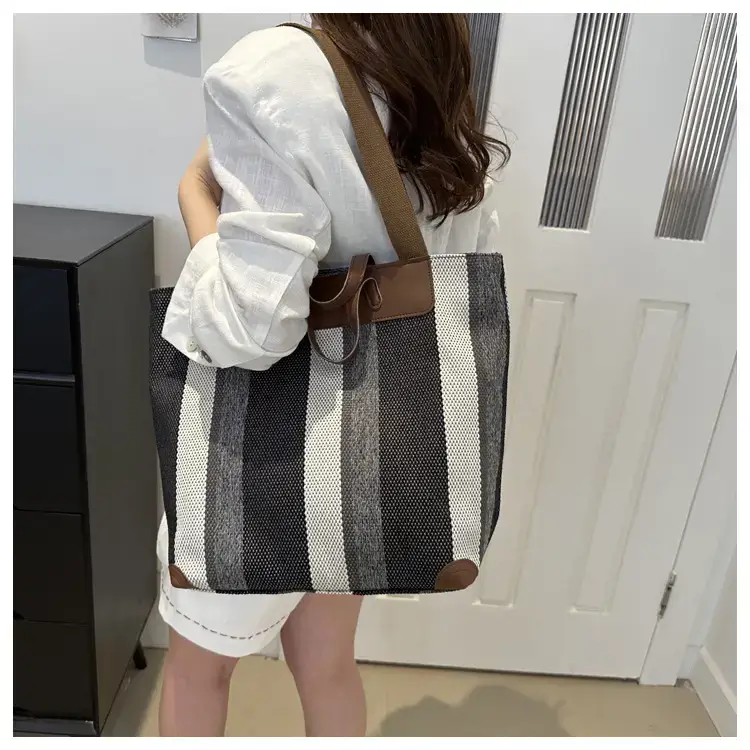 Women's Striped Canvas Commuter Tote Bag Brown Beige — feature 30