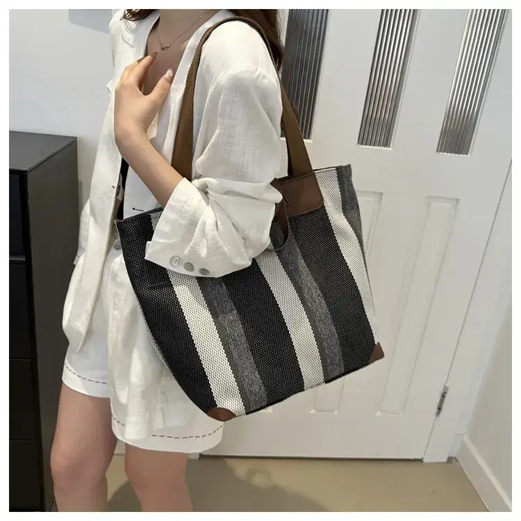 Women's Striped Canvas Commuter Tote Bag Brown Beige — feature 32