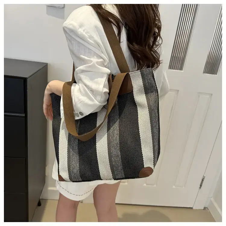 Women's Striped Canvas Commuter Tote Bag Brown Beige — feature 33